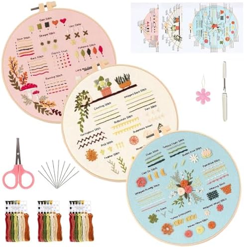FEIYUENO 3 Pack Embroidery Sampler Kit for Beginners Adults (Plant)