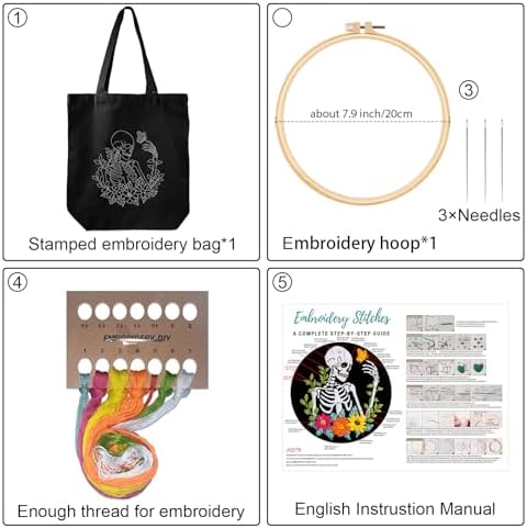 Louise Maelys Halloween Embroidery Kit Canvas Tote Bag, Skull Floral