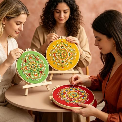 Qupace 3 Pcs Boho Embroidery Kits for Beginners Adults,Red Cross Stitch Sewing Craft Set with 3 Embroidery Hoops & 3 Finished Stands, Floral Pattern Needlework Kit