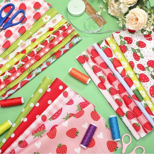 HunnmingRe 20 Pcs 10''x10'' Summer Strawberries Quilting Fabric Squares