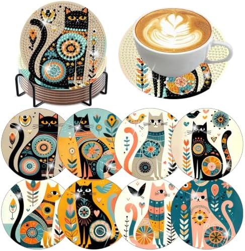 8 Pack Diamond Art Coasters Kit for Adults, Cat Diamond Painting Coasters