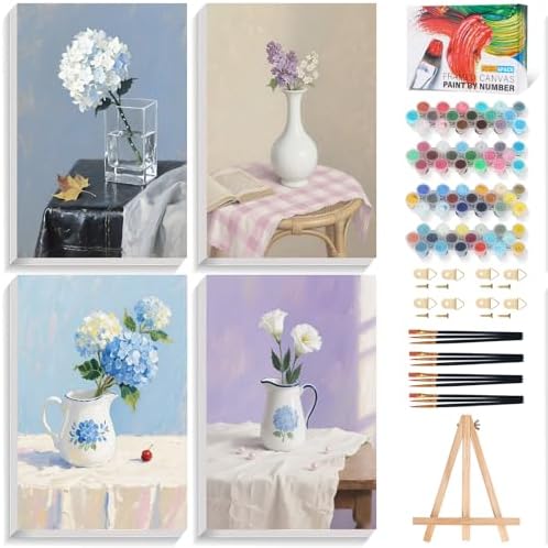 4 Pack Framed Paint by Numbers Kit for Adults Beginner with Wooden Easel, Flowers Vase Easy Paint by Numbers with Frame, DIY Adult Paint by Numbers Kits on Canvas Framed for Home Decor Gift 8x12 Inch