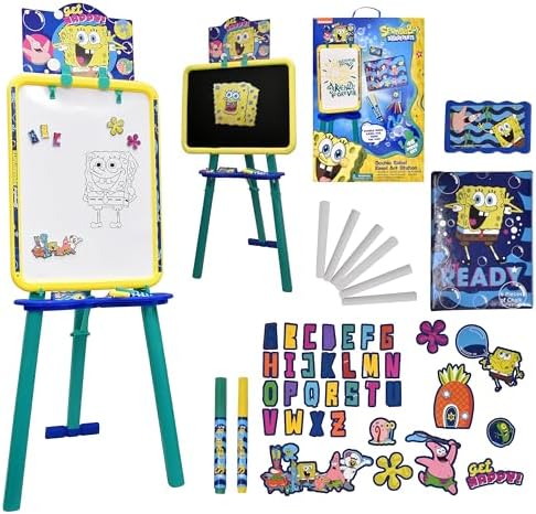 Spongebob Kids Art Easel, Standing Magnetic Whiteboard and Chalkboard, Drawing Accessories