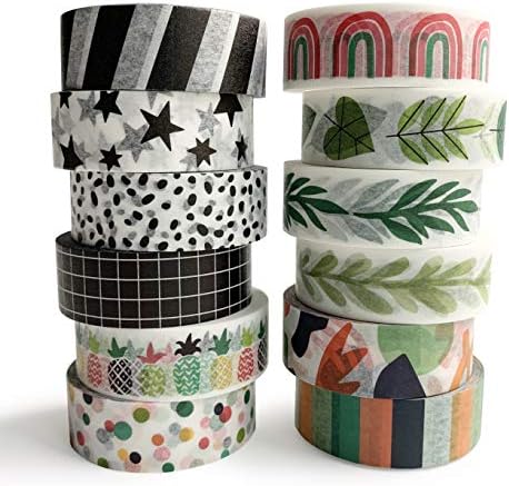 12 Rolls Washi Tape Set for Journaling, Scrapbooking & Decorative Crafts