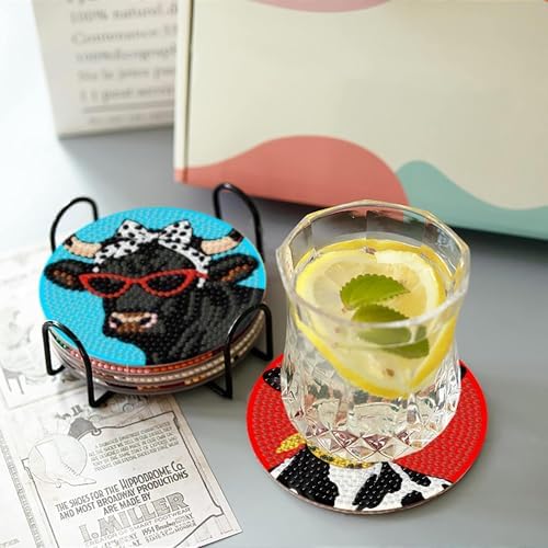 8 Pcs Cow Diamond Painting Coasters Kits for Adults,Cow Wearing Glasses Diamond Art Coasters with Non-Slip Cork Pads,DIY Round Drill Rhinestone Drink Coaster Art Craft for Home Decor Gifts 4x4 Inch.