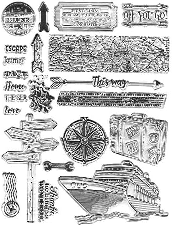 World Travel Ship Compass Map Clear Stamps for Card Making Decoration DIY Scrapbooking, Transparent Rubber Seal Stamps for Photo Card Album Crafting Supplies.