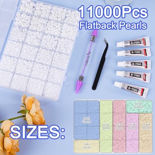 Canvalite 11000Pcs Flatback Pearls for Crafting, Multiple Sizes Half Nail Pearls with 5Pcs B7000 Jewelry Glues & Picker Tools Bedazzling Bead for DIY Crafts Clothing Tumblers Shoes Decors Nail Art