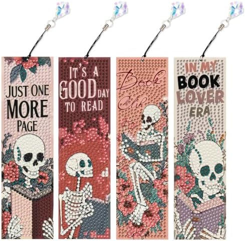 Mandun 4 Pcs Skull Diamond Painting Bookmark Kits, Special Shaped Diamond Art Bookmarks with Pendant, DIY Book Diamond Art Bookmarks with Tassels Crafts Gifts Supplies
