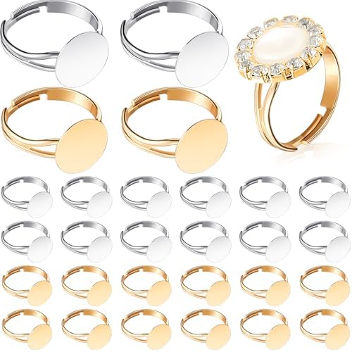 Herdear 40pcs Adjustable Blank Rings 12mm Base, Silver, Gold