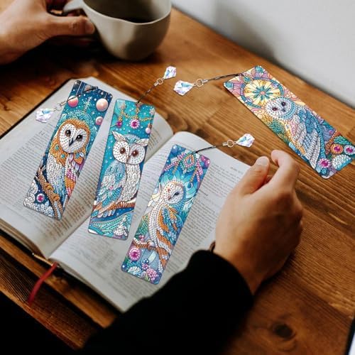 4-Piece DIY 5D Diamond Painting Bookmark Kits, Owl Special Shaped Crystal Rhinestones Book Marks, Handmade Diamond Art Bookmarks with Crystal Pendant Tassels, Decorative Craft Gift Set for Adults