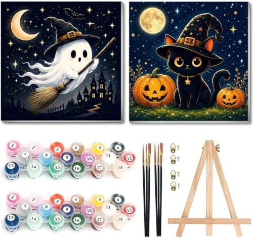 2 Pack Halloween Paint by Numbers Kit for Kids with Frame, Gift, 8x8 In