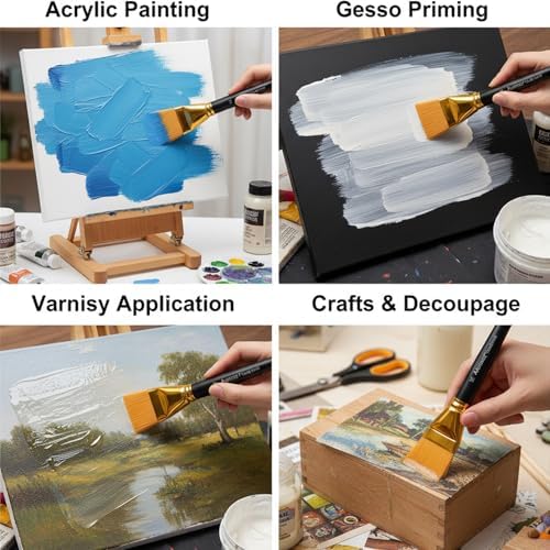1 1/2 Inch Flat Paint Brushes 3Pcs - Large Acrylic, Oil & Watercolor Paint Brushes with Wooden Handle - Professional Artist Brush Set for Base Coating, Canvas, Crafts(3Pieces)