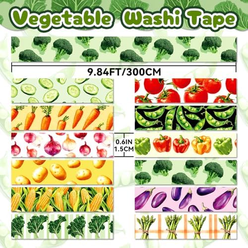 Vegetable Washi Tape Set of 12 Rolls, Cute Garden Pattern Decorative Tape, Tomato Carrot Corn Masking Tape for Journaling Supplies, Kitchen Planner, Garden Scrapbooking, Recipe Journal
