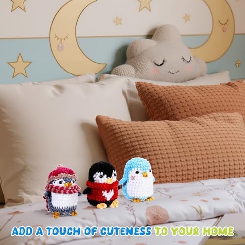 XunYee 3 Pcs Little Penguins Crochet Kit DIY Amigurumi Set Chenille Yarn Crochet Kit for Beginners with Complete Tools Step-by-Step Pattern Craft Gift for Adults