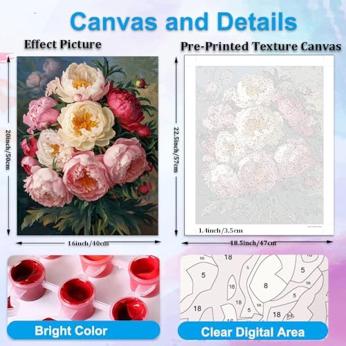Artunion Peony Flower Paint by Numbers Kit for Adults,Abstract Flower Paint by Number Kits, DIY Oil Painting Paint by Number Kits on Canvas Arts Craft for Home Wall Decor 16x20 Inch
