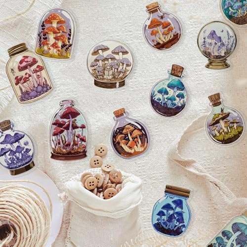 50pcs PET Vinyl Stickers Scrapbook, Self-Adhesive Waterproof Vinyl Sticker for Laptops, Aesthetic Decor Journal Stickers Planner Accessories for Luggage, Water Bottles.Mushroom Bottle