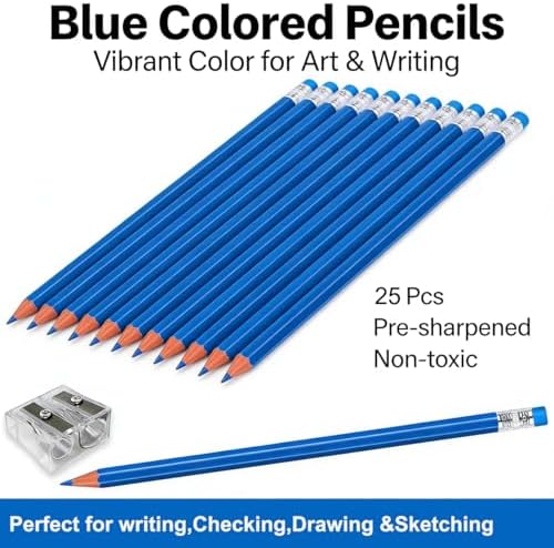 Adhere 25pcs Checking Pencils Erasable colored Pencils Pre-Sharpened #2 HB,for Checking Tests Grading,Map Coloring, editing Office Favors,including a Free sharpener. (Blue)