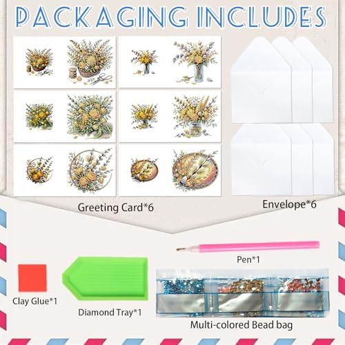 6pcs 5D DIY Diamond Painting Kit Greeting Card, Yellow Flower Diamond Handmade Greeting Card with Envelope, Holiday Gift Congratulations