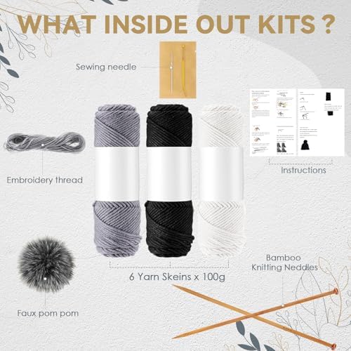 Syhood Knitting Kit for Adults Beginners 6 Yarns Bamboo Needles Faux Pom