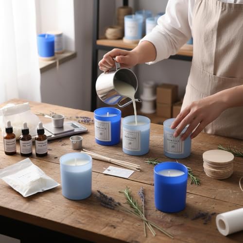 12Pcs Assorted Blue Candle Jars for Making Candles, 10oz Empty Jars with Bamboo Lids and Labels, Glass Candle Jars for Candle Making Supplies, Candle Containers for DIY Gifts