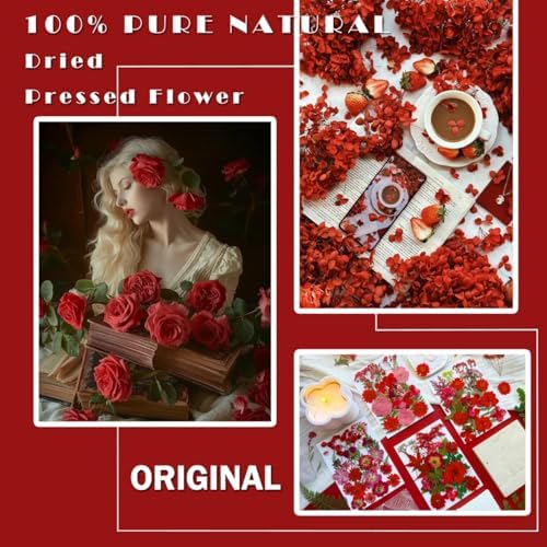MIKIYA 88Pcs Red Dried Pressed Flowers for Resin Molds, Assorted Real Natural Bulk Dry Floral Leaves for DIY Art Crafts, Epoxy Jewelry, Candle, Soap Making, Nails Decors