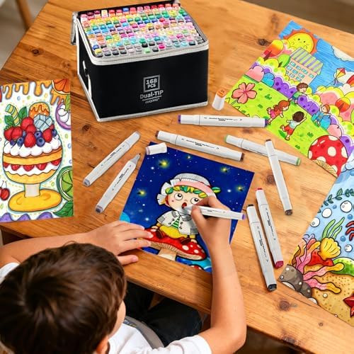 Alcohol Markers Set 168 Colors with Case & Pen Holder, Dual Tip Alcohol Based Art Markers, Chisel & Fine Tip Coloring Markers for Adult Coloring Books, Drawing, Illustration, Art Supplies