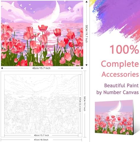 Yunnuo Paint by Numbers Kit for Adults, Tulip Flowers Paint by Number for Beginners, DIY Seaside Scenery Acrylic Number Painting on Canvas, Great Gifts Decor (16 x 20 Inch)