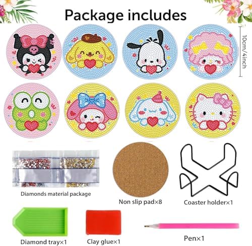 8 PCS Cartoon Diamond Art Coasters Kits, Diamond Painting Coasters with Holder Set of 8, DIY Drink Coasters Art Crafts Supplies for Adults Cup Mat for Home Decor House Warming Gifts Non-Slip 3.9inch