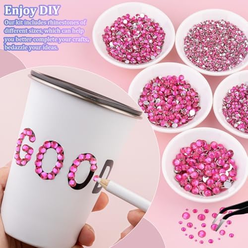 25000Pcs Resin Rhinestones with Tweezers for Crafting, Hot Pink 2-6mm Mixed Sizes Bedazzling Crystal with 3Pcs 10ml B7000 Jewelry Glue for DIY Crafts Clothing Tumblers Shoes Fabric Nail Art