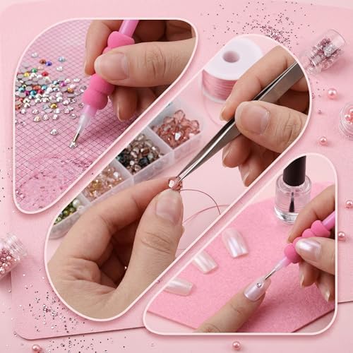 30PCS Rhinestone Picker Tool Kit 4 PCS Dual-head Dotting Pen Applicator with 4 PCS Pen grip 20PCS Clay Precision Jewelry Tweezers and Rhinestone storage Tray for DIY Nail Art Craft Crystals