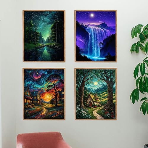 Lovepefe Starry Sky Paint By Numbers Kit for Adults, 4 Pack Country Night Paint By Number Kits for Beginner Moon Acrylic On Canvas DIY Oil Painting Kit for Gift Home Wall Decor 12x16 Inch