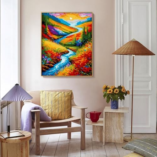 Yunnuo Landscape Paint by Numbers Kits for Adults, Easy Paint by Number Sunset and Creek, DIY Oil Painting with Brushes Acrylic Paints for Home Wall Decor 16x20 Inch