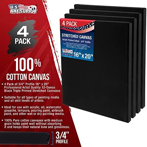 U.S. Art Supply 16"x20" Black Stretched Canvas for Painting, 3/4", 4-Pack