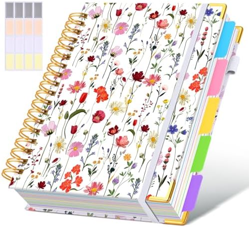Hardcover Spiral Notebook Journal with Removable Dividers Tabs, 300 Pages 5 Subject Notebook College Ruled, 8"x10" Large Notebooks for Work School Note taking, Journal for Women, Flower White