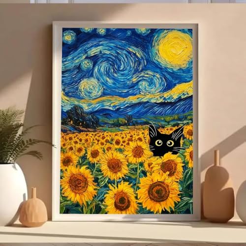 VeGuude Diamond Art Cat Kits for Adults, Full Drill Starry Night Sunflower Diamond Painting Kits for Beginners, DIY Full Rhinestone 5D Diamond dots (Gemstone Craft), Home Wall Decoration (12x16 inch)