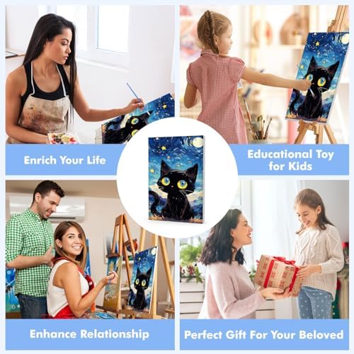 Bowetile Starry Night Cat Paint by Numbers for Adults Beginners Framed, Easy Adults' Paint-by-Number Kits, Adult Paint by Number Kits on Canvas, Acrylic Number Painting for Home Decor, 8x12in