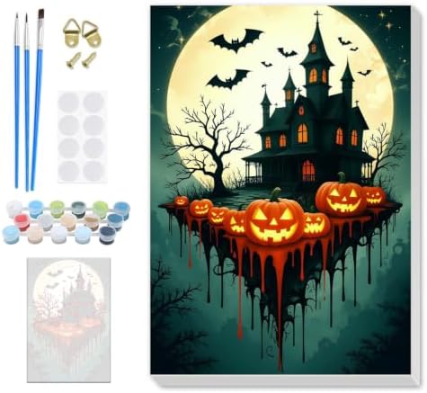 SENQAO Halloween Pumpkin Castle Bat Paint by Number Kits for Adults, DIY Paint by Numbers Kits for Adults Beginners Without Frame, Acrylic Paint Canvas Painting Kits Art for Home Decor 8X12 inch