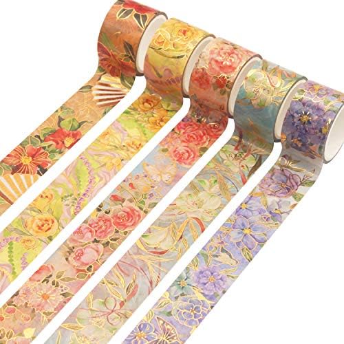 YUBBAEX Blooming Washi Tape Set Gold Foil Masking Tape Peony Wide Decorative for Arts, DIY Crafts, Journal Supplies, Planners, Scrapbook, Card/Gift Wrapping -25mm- (Red Flowers)