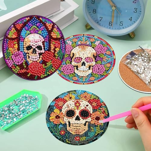 Diamond Art Coasters Kit, 8 Pieces Skull Diamond Painting Coasters Kit