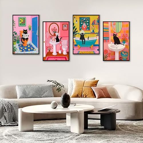 4 Pack Framed Paint by Numbers Kit for Adults, Black Cat, 8 x 12 Inch | DIY Acrylic Painting by Numbers for Beginners, with Wooden Easel, Cat Home Wall Decor, Stress Relief Craft Gift