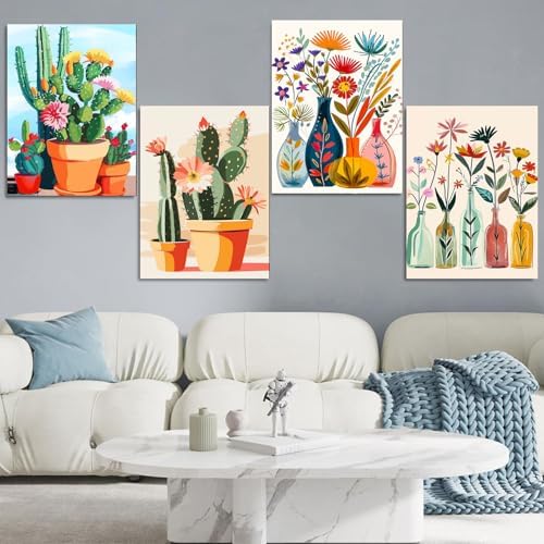 Jethami 4 Pack Cactus Paint by Numbers Kit for Adults with Framed 8x12 in | Easy to piant for beginners elderly, with Easel & Magnifying glass, Relaxing & Stress relief, canvas, Home wall decor