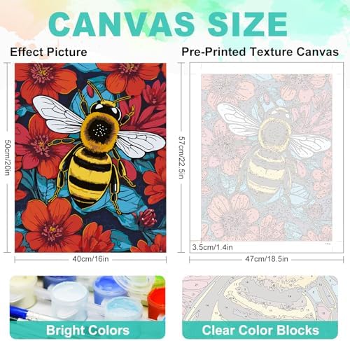 GEEHEIY Paint by Numbers Kit for Adults, Bee Number Painting, 16 x 20 Inch | DIY Adult Paint by Number Kit on Canvas for Beginners, without Frame, Botanical Wall Decor, Stress Relief Craft Gift