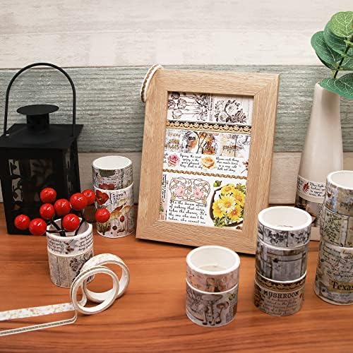 Vintage Washi Tape 18 Rolls & 15 Flower Stickers Set,75/50/30/25/20/15/10/5mm Wide Mushrooms,Butterfly,Floral,Letter Decorative Masking Tape Set for Journaling,Scrapbook Supplies, Arts&Crafts(Forest)