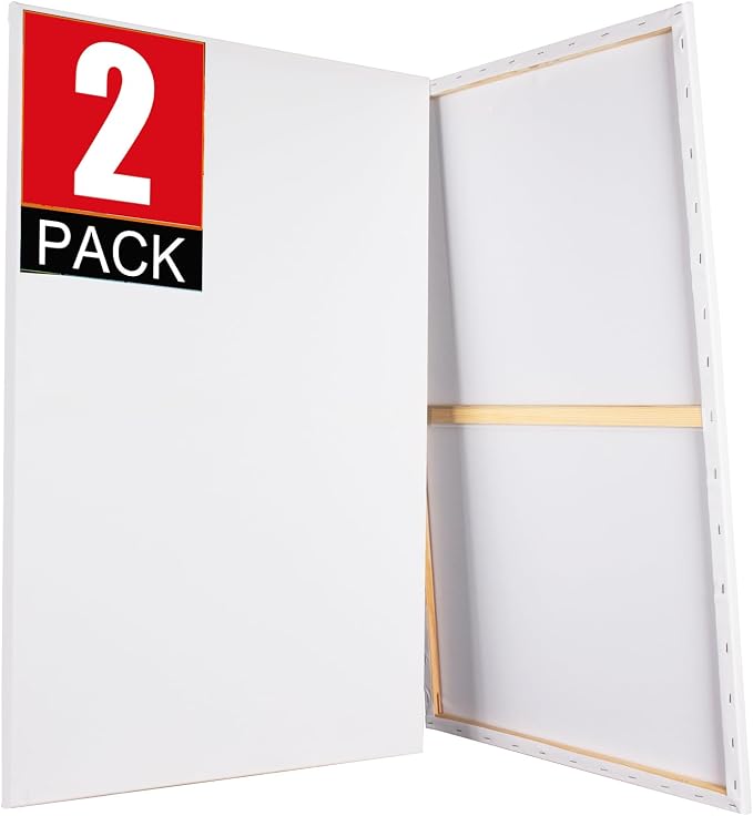 2 Pack 24x36 Canvas Stretched Canvases for Painting | Large Canvas for Painting, White Painting Canvases for Acrylic, Oil, Tempera, Watercolor or Other Paints (2Pack)