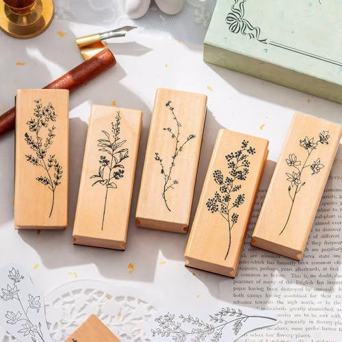 DIYOOHOMY 8 Pcs Wooden Rubber Floral Stamps Set, Vintage Flower Stamps for Crafting Tools Scrapbooking Card Making Journaling Clay Pottery Projects, Cute Ink Stamp Craft Kits for DIY Art Supplies