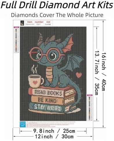 ckdiluy Cartoon Dragon Diamond Art Kits for Adults Beginners, 5D DIY Read Books Diamond Painting Kits, Full Round Drill Diamonds Dots Gem Art Crystal, Home Wall Decor 12X16 Inch
