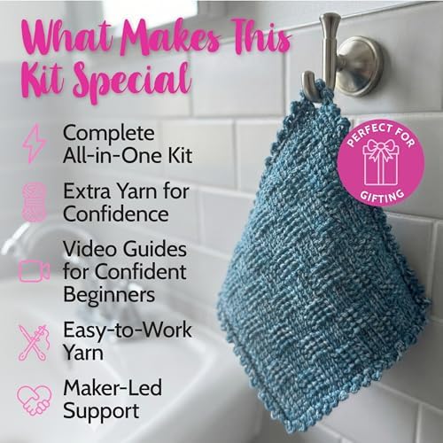KnitPal Tunisian Crochet Dishcloth Kit for Beginners - Jean Blue + Sky Blue