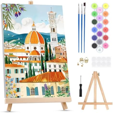 KEYIFA Paint by Numbers for Adults on Framed Canvas - with Wooden Easel, Florence Painting by Number Kit for Beginners, DIY Italy Acrylic Paint-by-Number Kits for Home Wall Decor (8x12 inch)
