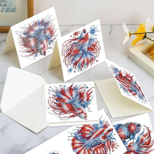 6-Piece 5D Diamond Art Greeting Card Kit with Envelopes, USA Independence Day Goldfish Design, DIY Special Shape Diamond Painting Greeting Cards for Adults, Handmade Card Craft Holiday Gift, 30x15cm