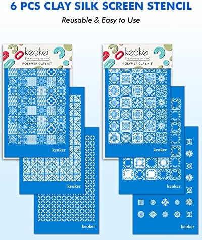 KEOKER Silk Screen Stencils for Clay - 6PCS Polymer Clay Silk Screen， Tile Stencil Pack with Patterns